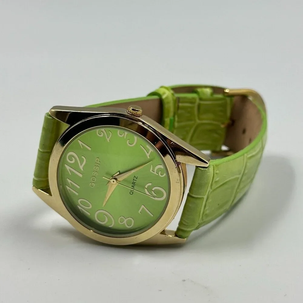 3/$30 Gossip Watch Women Gold Tone Green Leather Band New Battery 9 Inch
